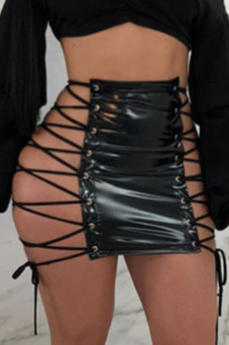 Black Sexy Solid Bandage Draw String Regular Patchwork Bottoms