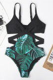 Schwarzer, modischer, sexy Print, ausgehöhlter Patchwork-Badeanzug