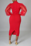 Красные модные повседневные однотонные лоскутные платья с длинным рукавом и половиной водолазки