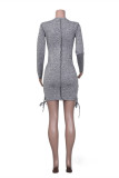 Grey Sexy Casual Solid Patchwork O Neck Long Sleeve Dresses