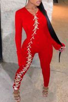 Macacões skinny casuais moda vermelha sólida vazada oco