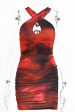 Red Sexy Patchwork Tie-dye Halter Pencil Skirt Dresses