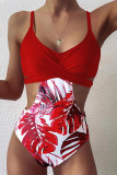 Roter Mode-Sexy-Print ausgehöhlter Patchwork-Badeanzug