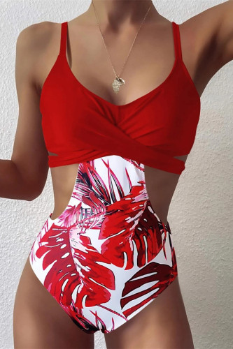 Moda vermelha sexy estampa vazada patchwork trajes de banho