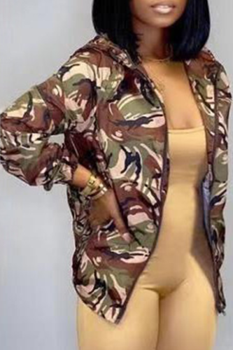 Brown Casual Camouflage Print Patchwork Hooded Collar Outerwear