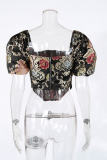 Black Street Patchwork Embroidered Square Collar Tops