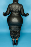 Schwarzes Mode-reizvolles festes grundlegendes Reißverschluss-Kragen-Langarm-Kleid in Übergröße