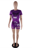 Purple Fashion Casual Letter Print Ripped O Neck Short Sleeve Two Pieces