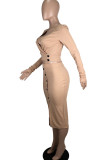 Khaki Elegant Solid Patchwork Slit Square Collar Long Sleeve Two Pieces