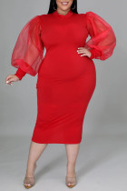 Vestido casual de talla grande con abertura y cuello redondo, manga larga, color rojo