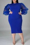 Синее модное повседневное однотонное лоскутное платье с разрезом и круглым вырезом с длинным рукавом большого размера