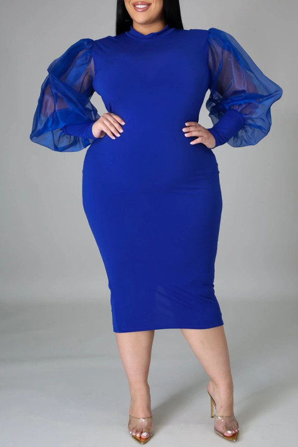 Blauwe mode casual effen patchwork split O-hals lange mouw plus maat jurk