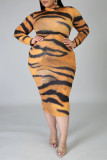 Tigermuster Mode Lässiger Druck Grundlegendes Kleid mit halbem Rollkragen und langen Ärmeln in Übergröße