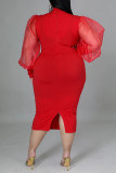 Красное модное повседневное однотонное лоскутное платье с разрезом и круглым вырезом с длинным рукавом плюс размер