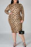 Tiger Pattern Fashion Casual Print Basic Half A Turtleneck Long Sleeve Plus Size Dress