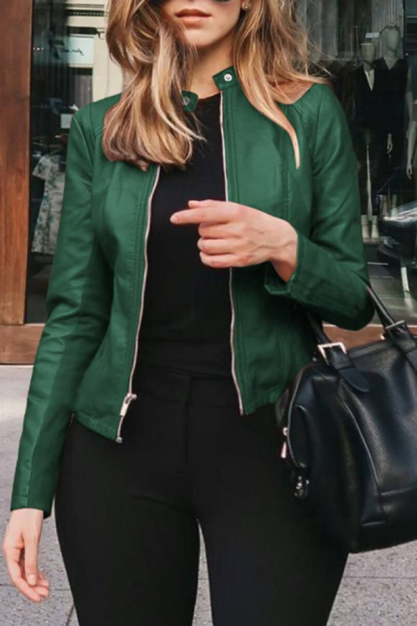 グリーンファッションカジュアルソリッドベーシックジッパーカラープラスサイズのコート