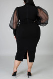 Черное модное повседневное однотонное лоскутное платье с разрезом и круглым вырезом с длинным рукавом плюс размер