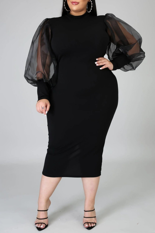 Zwarte mode casual effen patchwork split O-hals lange mouw plus maat jurk