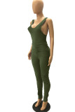 Army Green Casual Solid Patchwork Fold U Neck Regular Jumpsuits