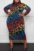 Color Fashion Casual Print Basic Half A Rollkragen Langarm Kleid in Übergröße