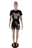 Pink Fashion Casual Letter Print Ripped O Neck Short Sleeve Two Pieces