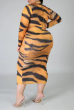 Tiger Pattern Fashion Casual Print Basic Half A Turtleneck Long Sleeve Plus Size Dress