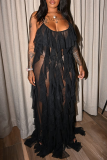 Zwarte sexy effen doorschijnende mesh jurk met spaghettibandjes en mesh jurken