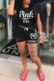 Rose Fashion Casual Letter Print Ripped O Neck Short Sleeve Two Pieces