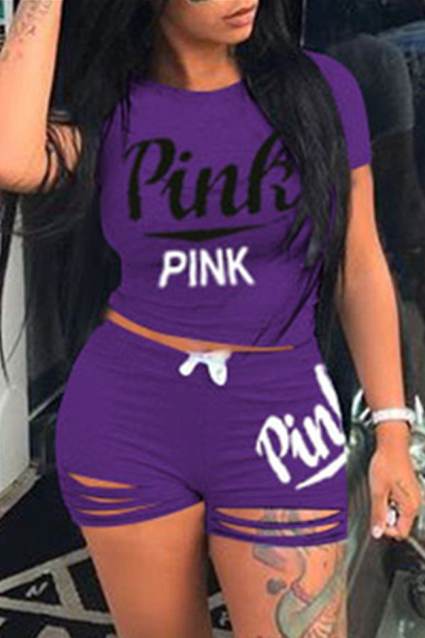 Фиолетовый модный повседневный принт с буквенным принтом и круглым вырезом с коротким рукавом из двух частей