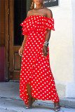 肩の不規則なドレスドレスから背中の開いた赤いセクシーなカジュアルドットプリント