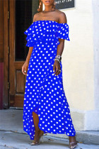 Синее сексуальное повседневное платье в горошек с открытой спиной и открытыми плечами Нерегулярное платье Платья