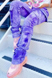 Pantaloni dritti a vita media con tasca stampa street color albicocca