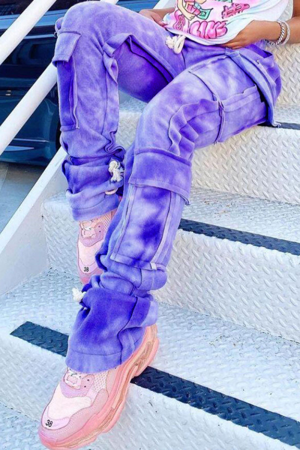 Pantalon droit taille mi-haute violet avec poche à imprimé Street