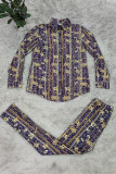 Фиолетовый модный повседневный принт без пояса с отложным воротником и длинным рукавом из двух частей