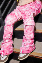 Pantalones rectos de cintura media con bolsillo con estampado de calle rosa