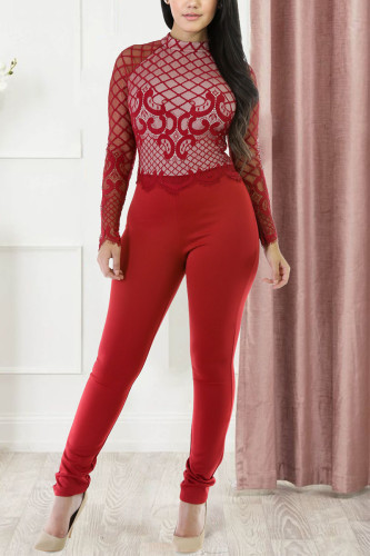 Red Work Daily Print See-through O Neck Regular Jumpsuits