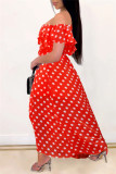 Röd Sexig Casual Dot Print Backless Off the Shoulder Oregelbundna klänningar