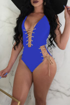 Синий модный сексуальный однотонный купальник с открытой спиной и ремешком