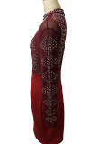 Бордовый уличный принт с прозрачной сеткой и круглым вырезом Платья-юбка-карандаш