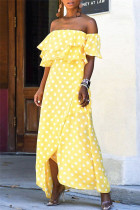 Vestidos casuais sensuais amarelos com estampa de pontos sem costas fora do ombro vestidos irregulares