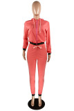 ピンクのファッションカジュアルソリッドパッチワークフード付きカラー長袖XNUMXピース