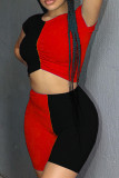 negro rojo moda casual patchwork básico o cuello manga corta dos piezas