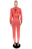 ピンクのファッションカジュアルソリッドパッチワークフード付きカラー長袖XNUMXピース