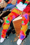 Pantalones rectos de cintura media con bolsillo con estampado de calle de color
