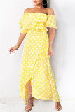 Vestidos casuais sensuais amarelos com estampa de pontos sem costas fora do ombro vestidos irregulares