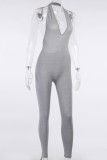 White Sexy Sportswear Solid Backless Halter Skinny Jumpsuits