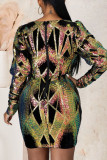 Vestidos de saia lápis colorido com lantejoulas geométricas sólidas de malha decote em V