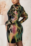カラー ストリート 幾何学模様 ソリッド スパンコール メッシュ Vネック ペンシルスカート ドレス