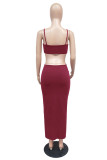 Burgundy Sexy Solid Hollowed Out Patchwork Spaghetti Strap Pencil Skirt Dresses