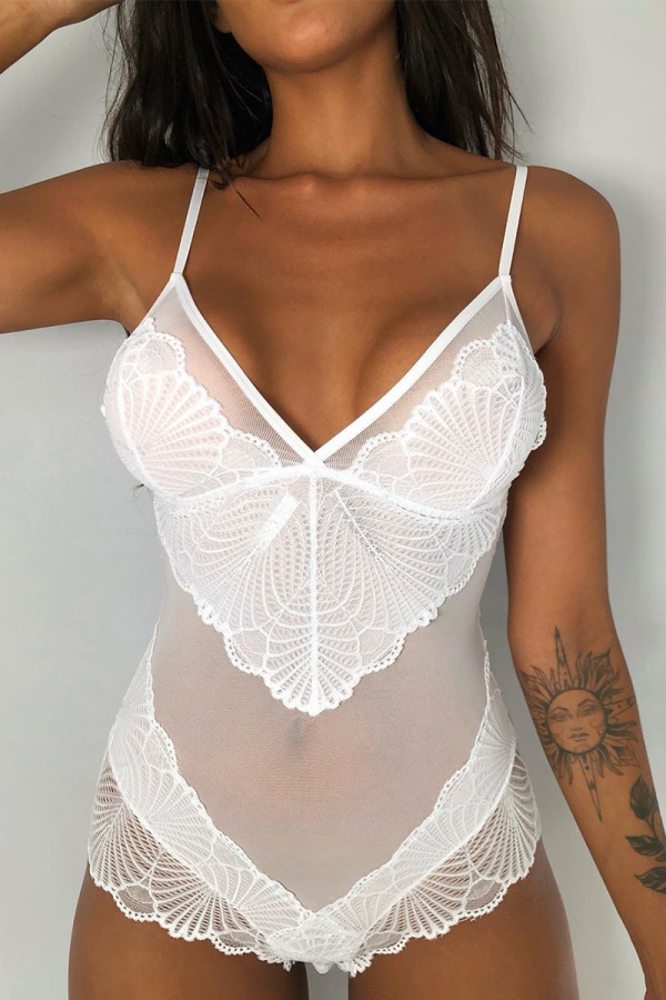 Witte sexy effen patchwork doorzichtige mesh-lingerie